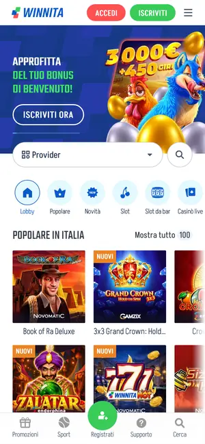 Lobby della versione mobile di Winnita