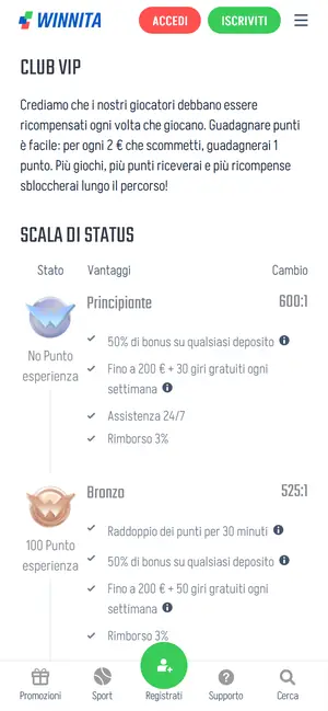 Club VIP di Winnita, scala di status su mobile